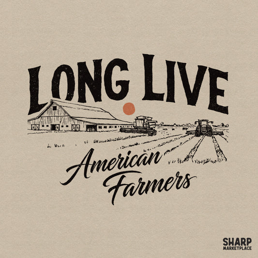 Long Live American Farmers digital design featuring a rustic barn, combine harvester, and tractor in a field with a sunset orange sun accent.