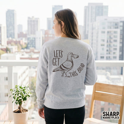 Monochromatic brown illustration of a city bird carrying bread, designed for DTF transfers, sublimation projects, and humorous DIY gifts.