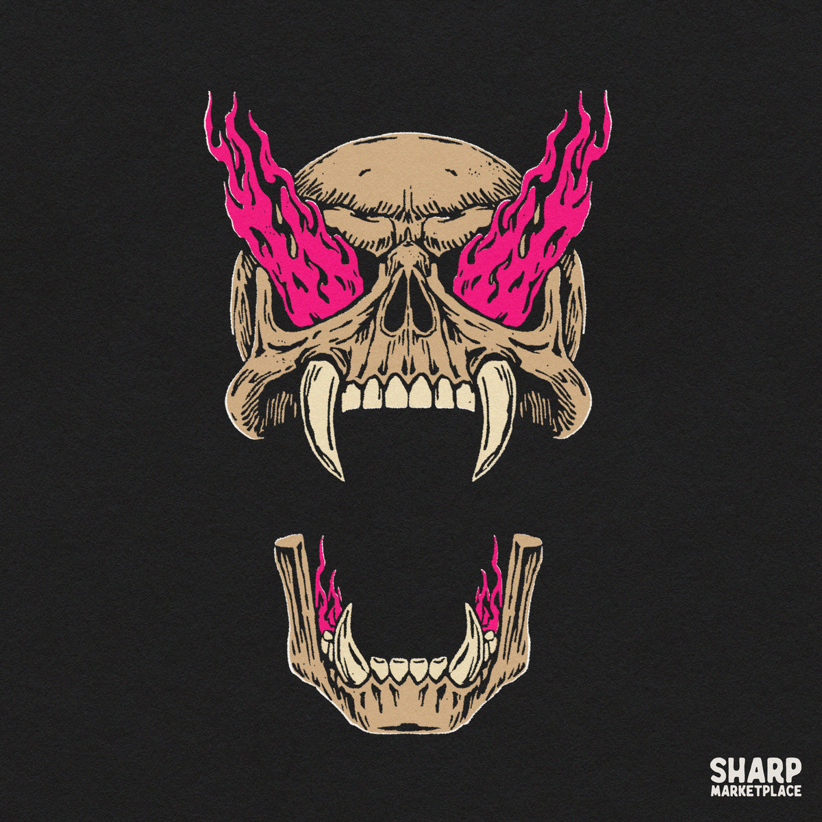 Vampiric monster with blazing pink fire eyes halloween skull png graphic for gothic streetwear t-shirts