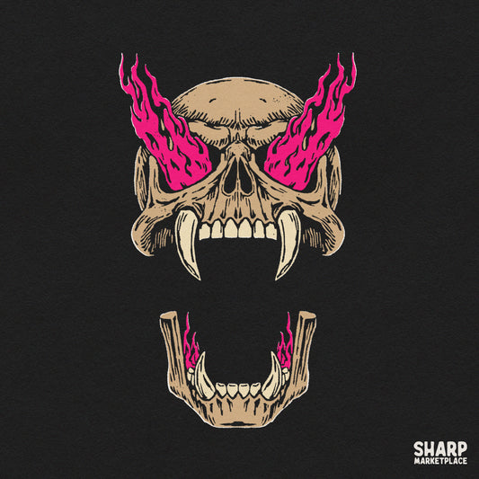 Vampiric monster with blazing pink fire eyes halloween skull png graphic for gothic streetwear t-shirts