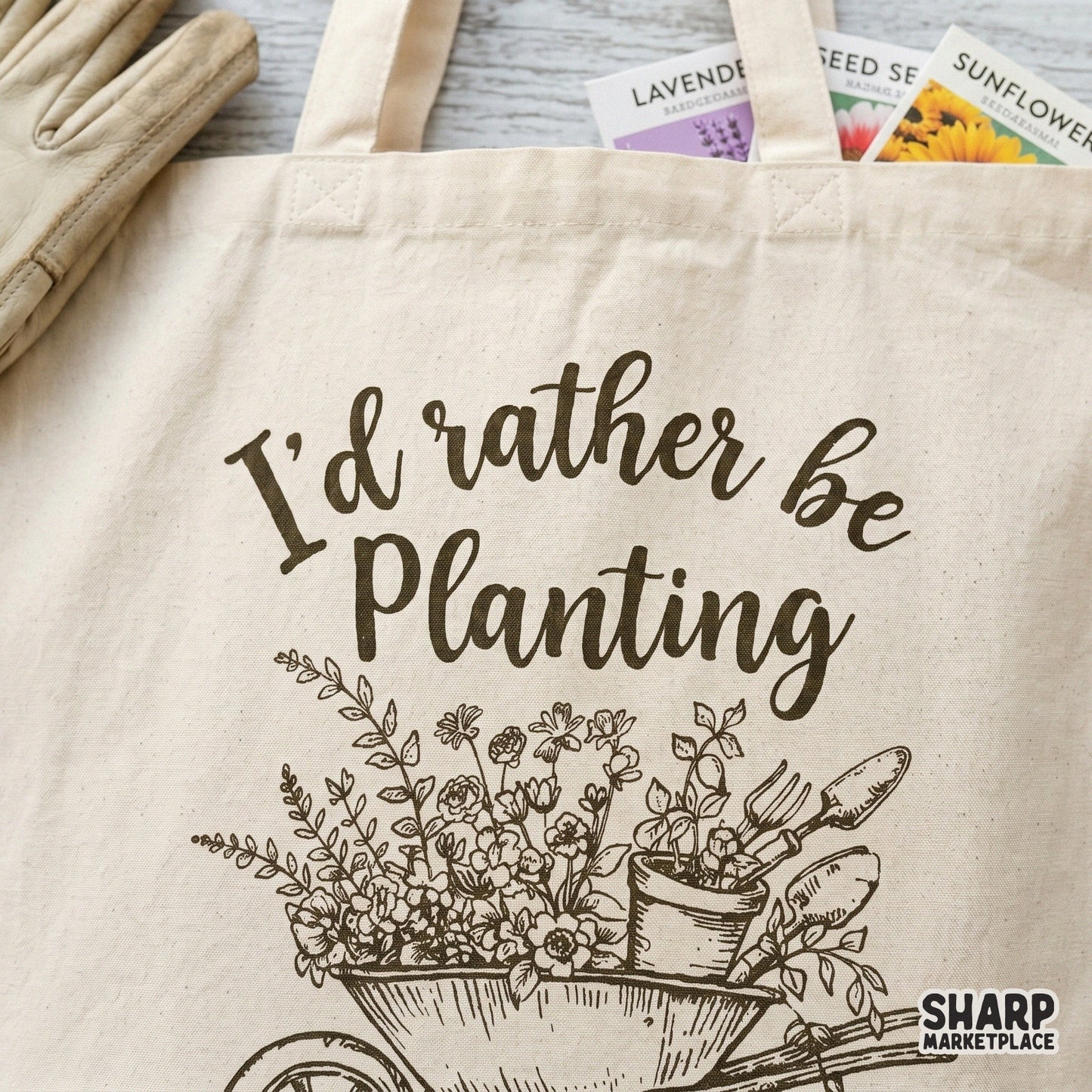 Vintage-style garden design featuring a wheelbarrow overflowing with flowers and tools, perfect for spring-themed sublimation or apparel.