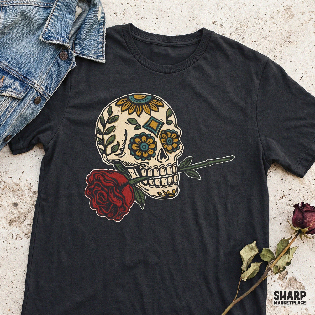 Colorful calavera skull with a red rose floral graphic for Halloween sublimation and t-shirt designs