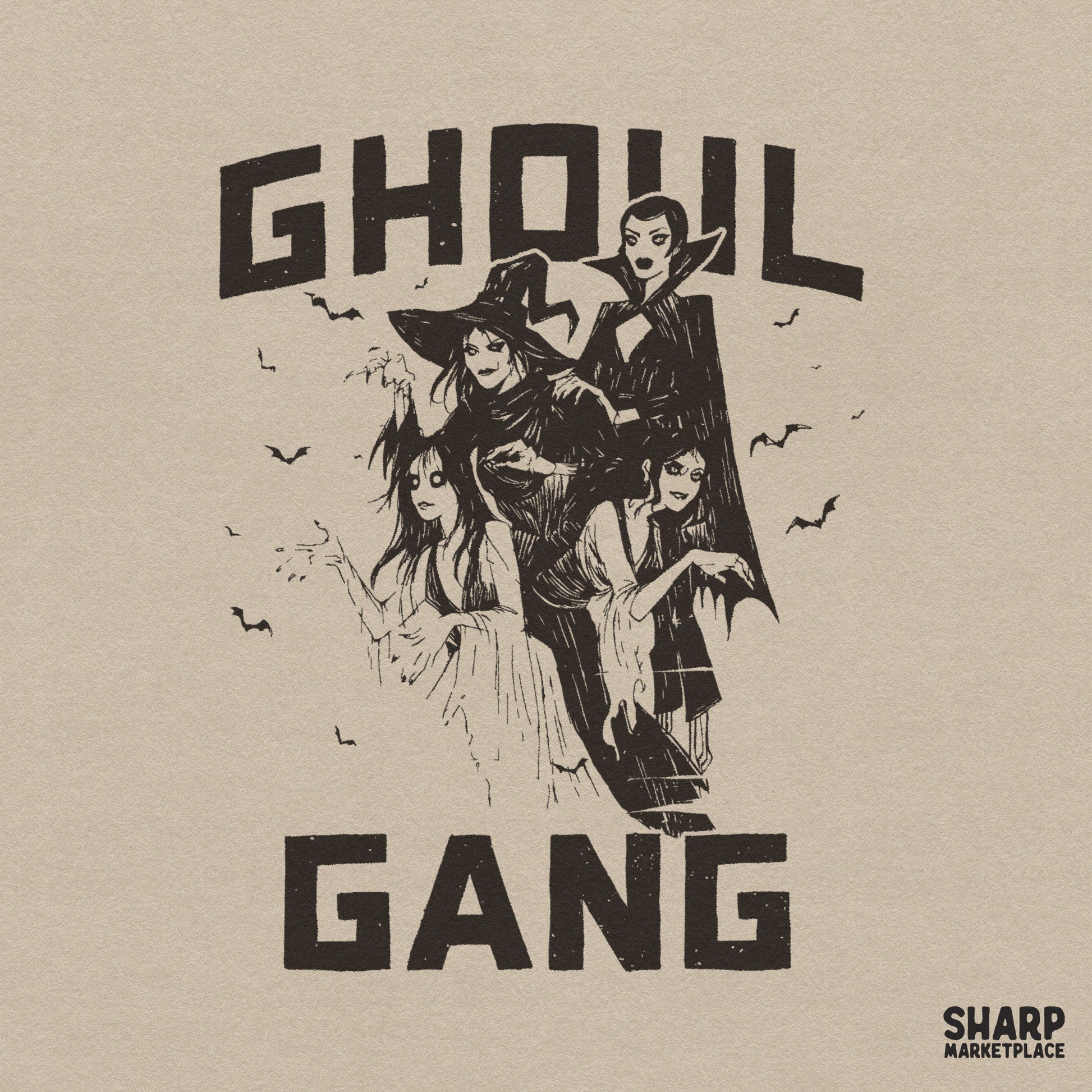 Ghoul Gang retro horror graphic featuring gothic vampire girls for spooky season Halloween shirt sublimation designs