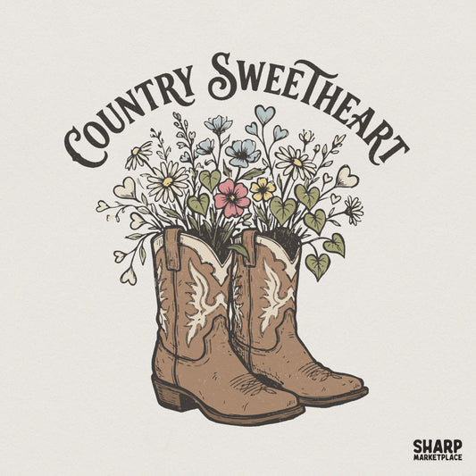 Country Sweetheart PNG, Floral Western Boots Design - 300 DPI Design for
