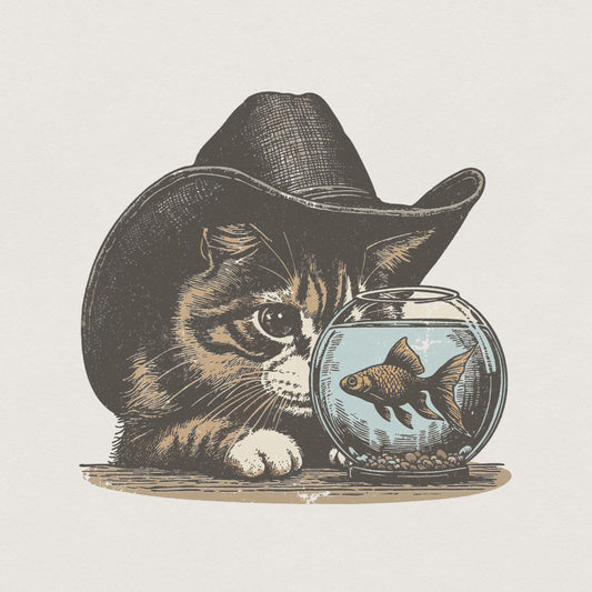 Cowboy Cat PNG, Cute Cat and Fishbowl PNG - 300 DPI Design for T-Shirt