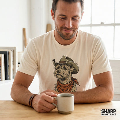 Digital design of a wire-haired dog in a cowboy hat and bandana displayed on a cream-colored t-shirt, ideal for custom ranch-style apparel.
