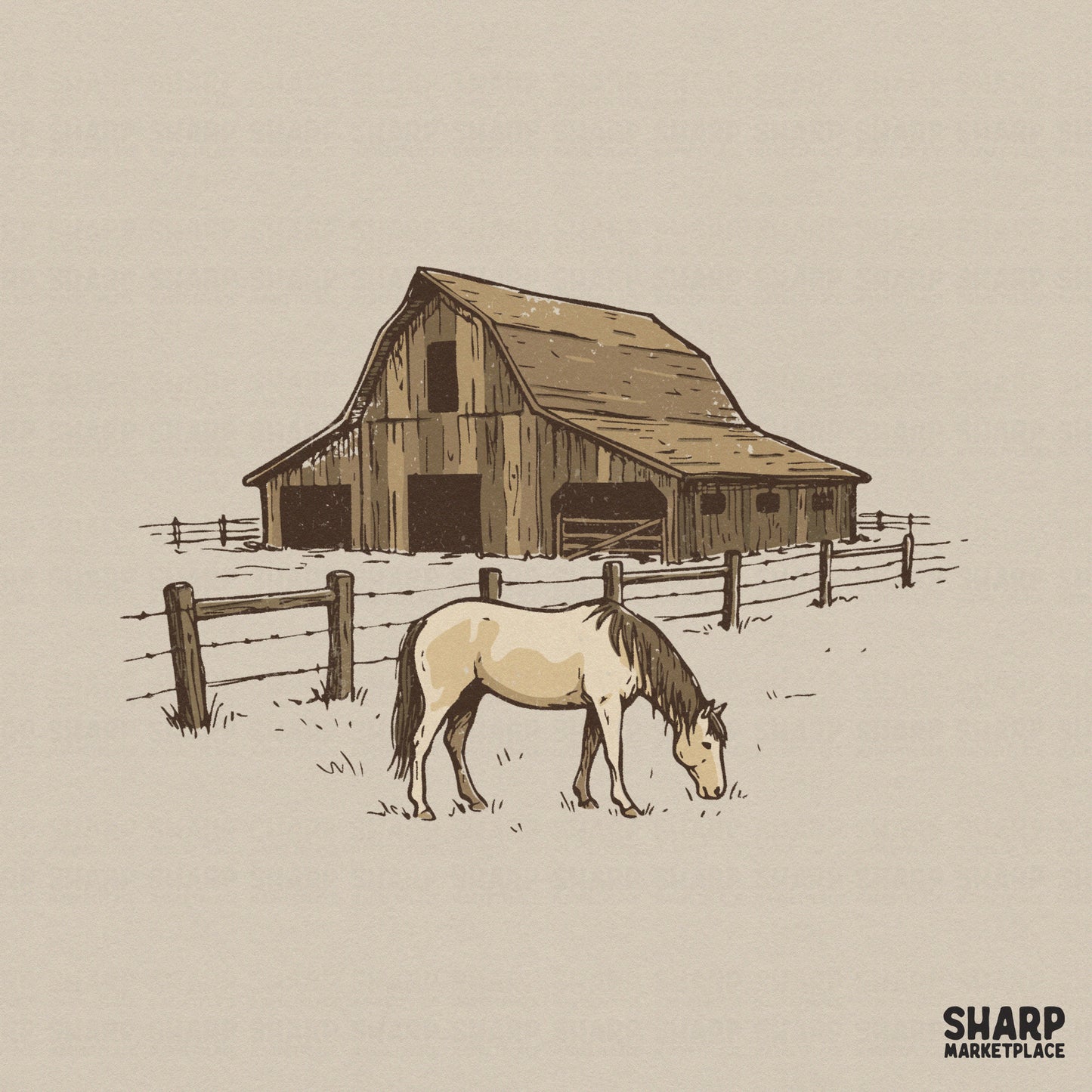 Hand-drawn vintage western barn and grazing horse illustration in muted earth tones for rustic ranch apparel and sublimation projects.