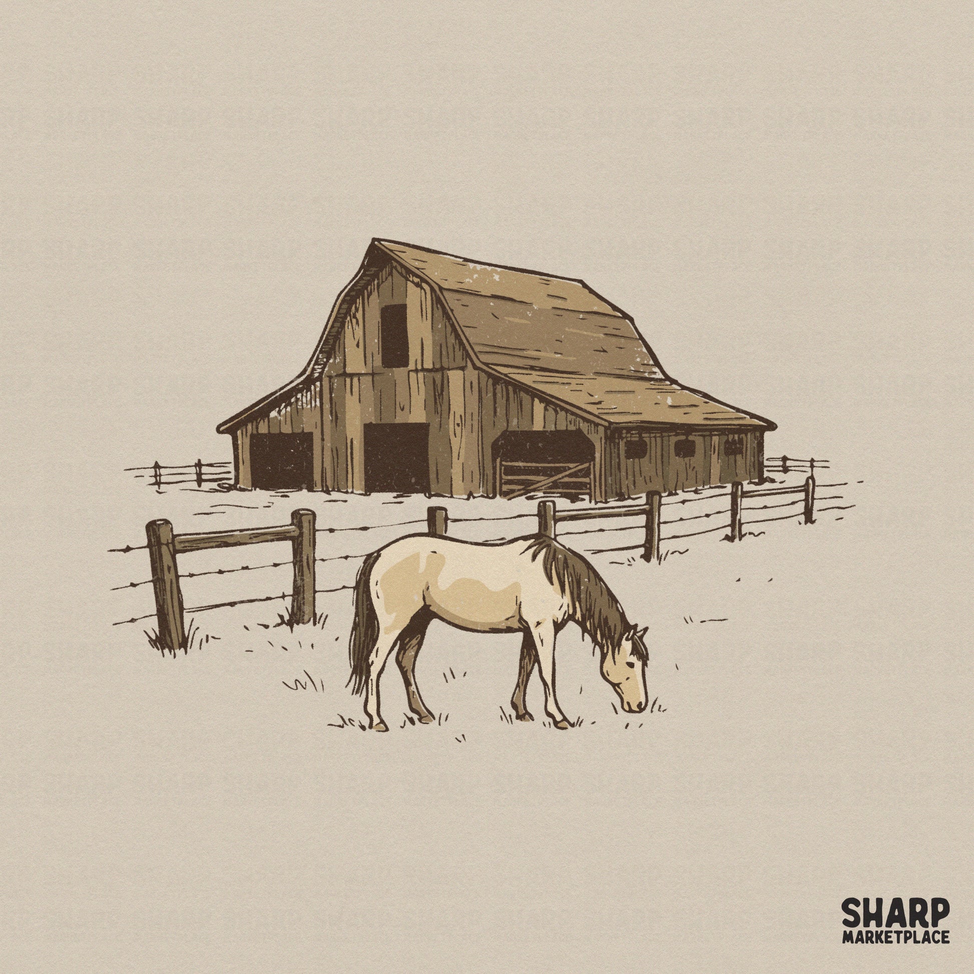 Hand-drawn vintage western barn and grazing horse illustration in muted earth tones for rustic ranch apparel and sublimation projects.