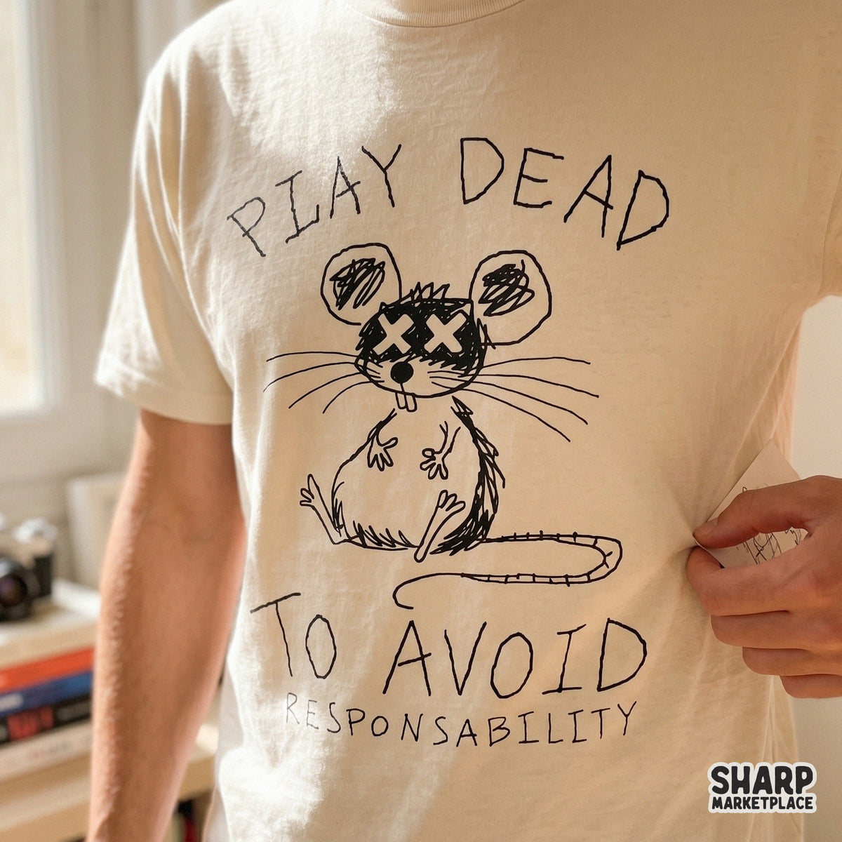 Digital sublimation graphic of a lazy cartoon mouse with X-marks for eyes, surrounded by hand-lettered text about avoiding responsibility in a trendy style.