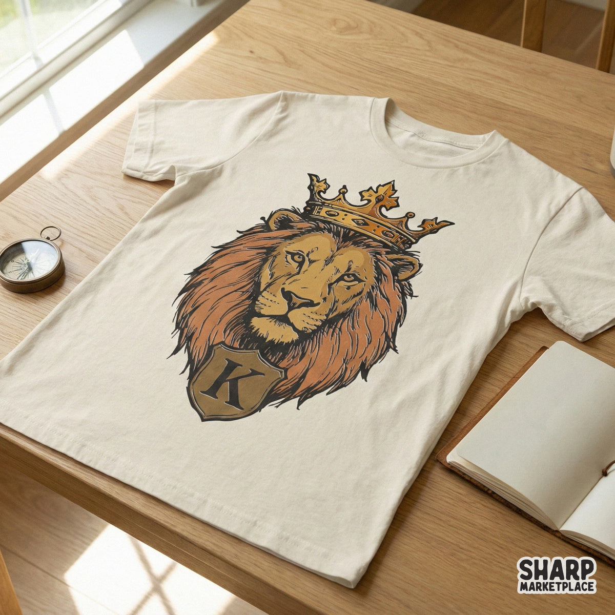 Vintage style crowned lion head with a letter K shield design displayed on a cream colored t-shirt, ideal for masculine custom clothing.