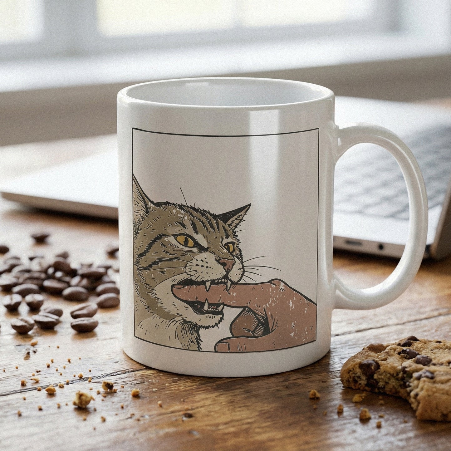 High-resolution digital art of a grumpy tabby cat clamping down on a finger, ideal for DIY t-shirt printing, home decor, and humorous pet-themed gifts.