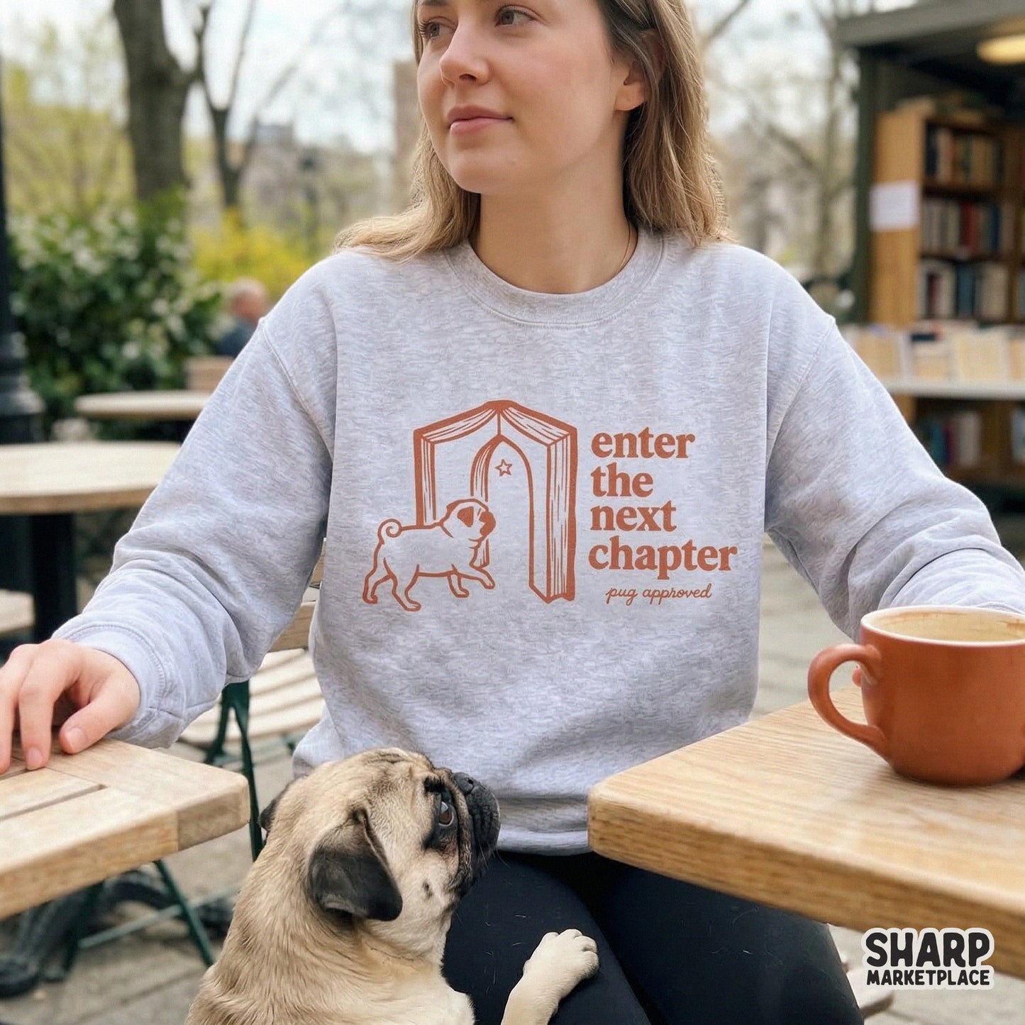 Motivational reading themed digital download with a hand-drawn pug and open book graphic, designed for t-shirt printing, tumblers, and DIY craft projects.