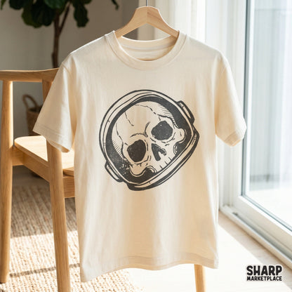 A cream colored t-shirt mockup featuring a dark, gritty illustration of a skull encased in a space helmet for apparel printing.