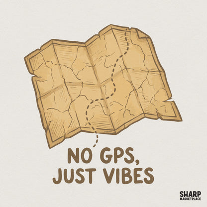 Vintage folded map illustration with a dotted trail and the text No Gps, Just Vibes in brown, perfect for adventure-themed apparel and crafts.