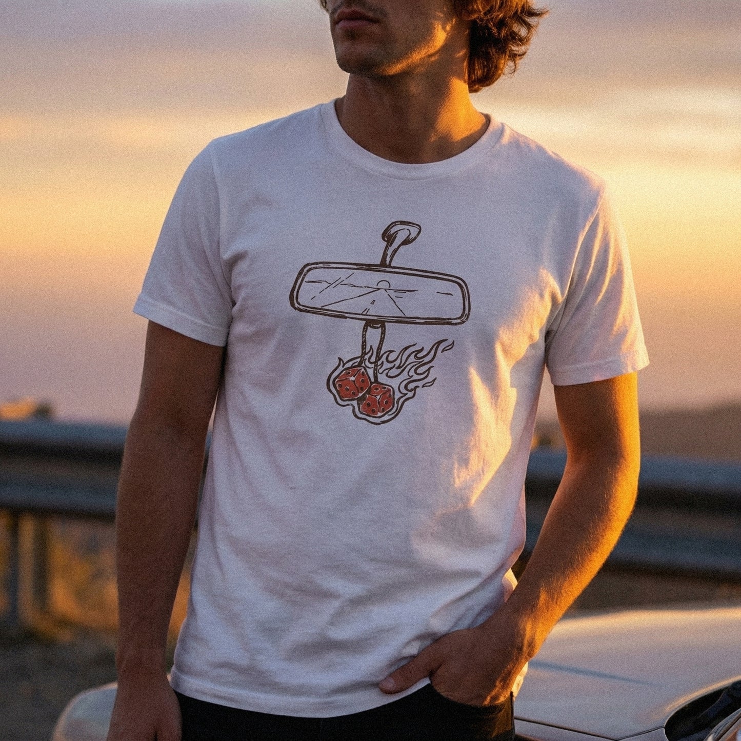 Highway Sunset Rearview Mirror PNG, Burning Dice Art - 300 DPI Design for