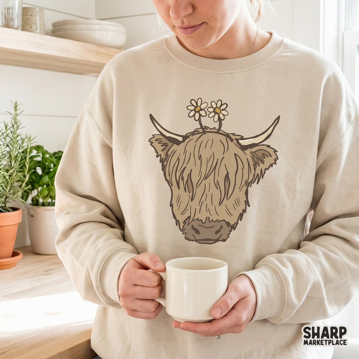 Detailed line art of a highland cow with flower-adorned horns, perfect for creating custom western shirts, stickers, or farmhouse-style wall art.