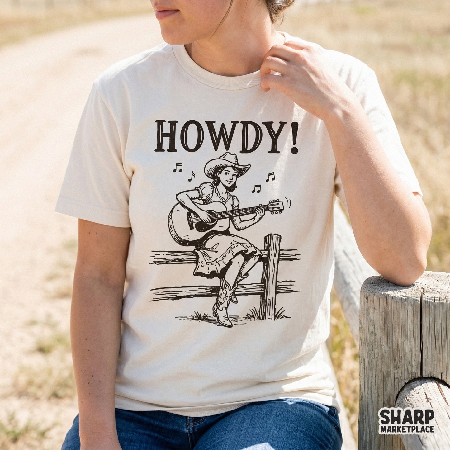 Monochromatic western graphic of a woman in a cowboy hat playing guitar, suitable for DTF printing, heat transfers, and rustic home decor projects.
