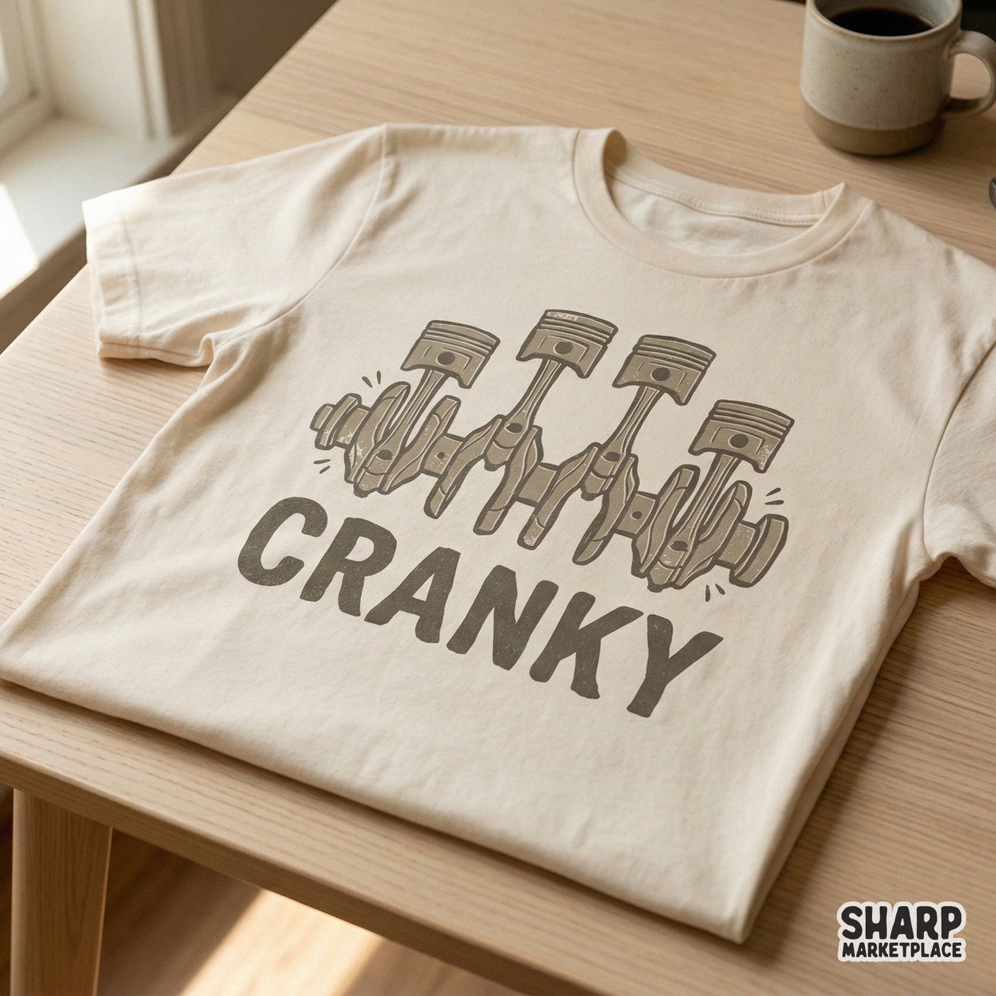 Playful automotive gearhead design featuring stylized engine parts and the word Cranky, suitable for DIY workshop wall art or personalized car enthusiast gifts.