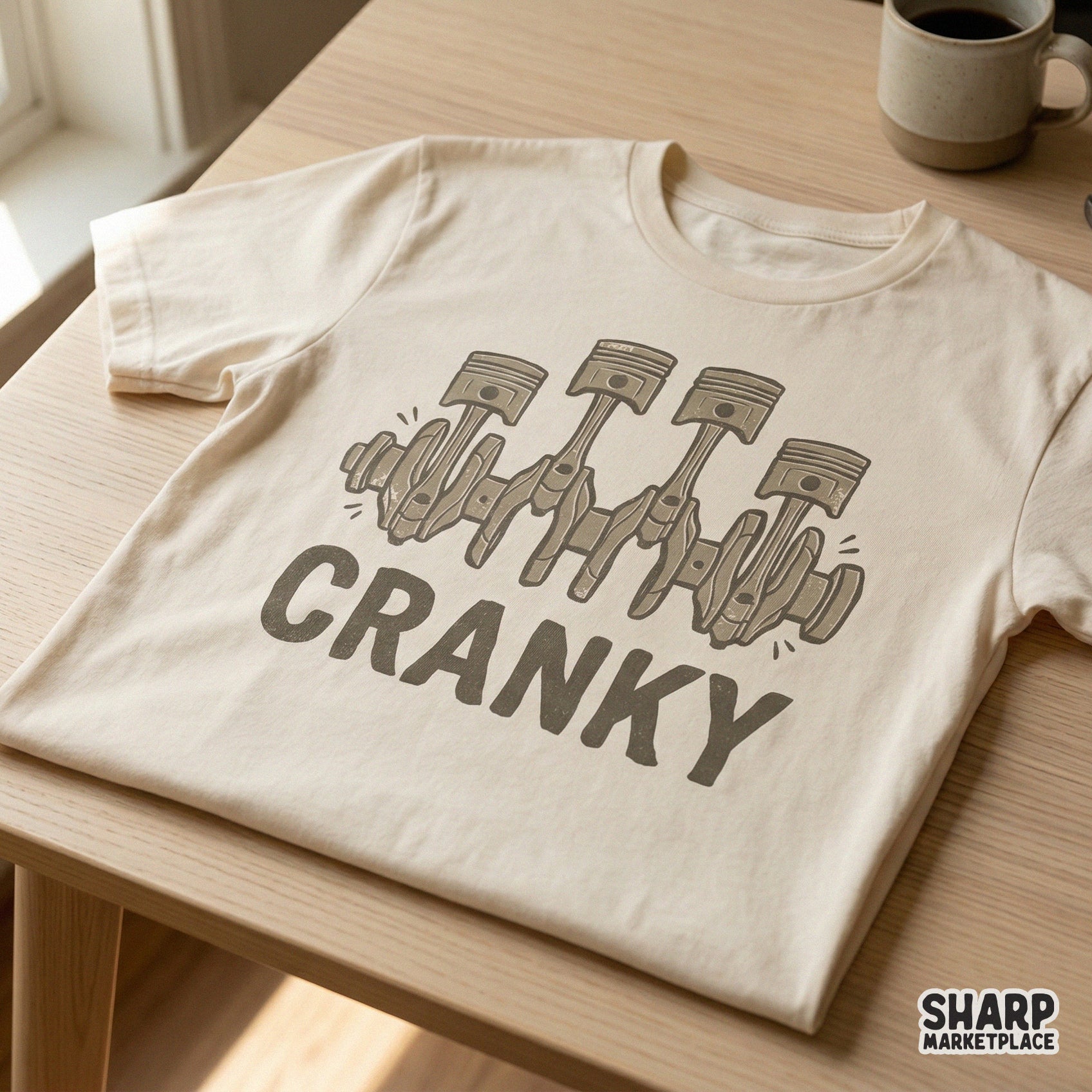Playful automotive gearhead design featuring stylized engine parts and the word Cranky, suitable for DIY workshop wall art or personalized car enthusiast gifts.