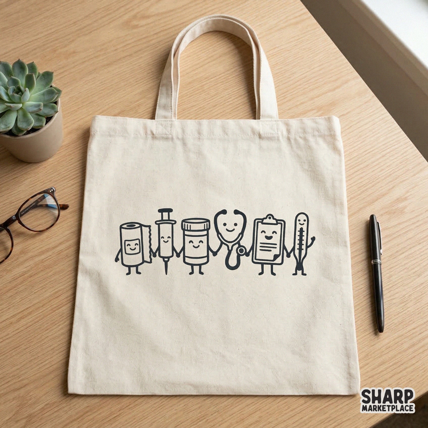 A canvas tote bag featuring a black line art design of friendly medical supplies holding hands, perfect for nurse or doctor themed apparel and gifts.