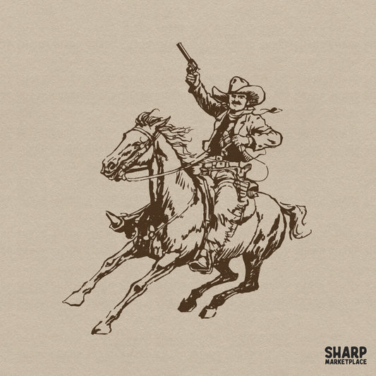 Detailed brown line art of a cowboy riding a horse with a raised handgun, isolated on a solid background for western-themed apparel and craft projects.