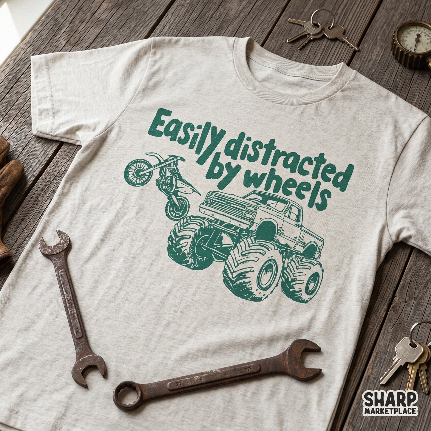 Easily distracted by wheels funny dirt bike and monster truck sublimation PNG design for dad humor t-shirts