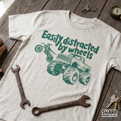 Easily distracted by wheels funny dirt bike and monster truck sublimation PNG design for dad humor t-shirts
