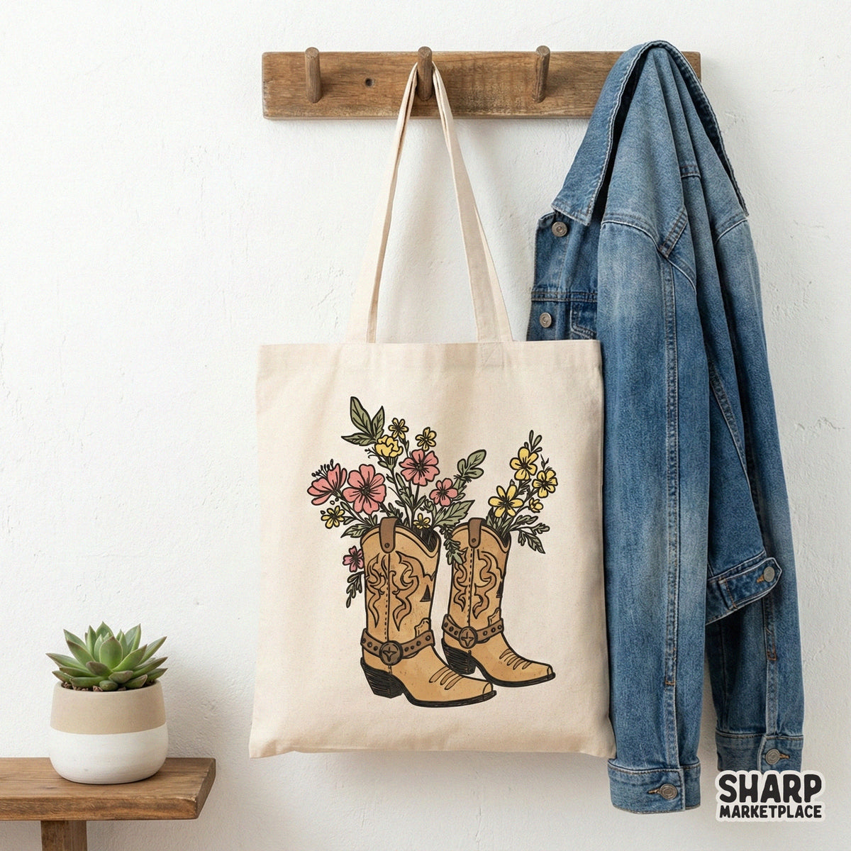 Boho style wildflower cowboy boot artwork with intricate leather stitching, ideal for creating printable wall art, heat transfers, and custom apparel.