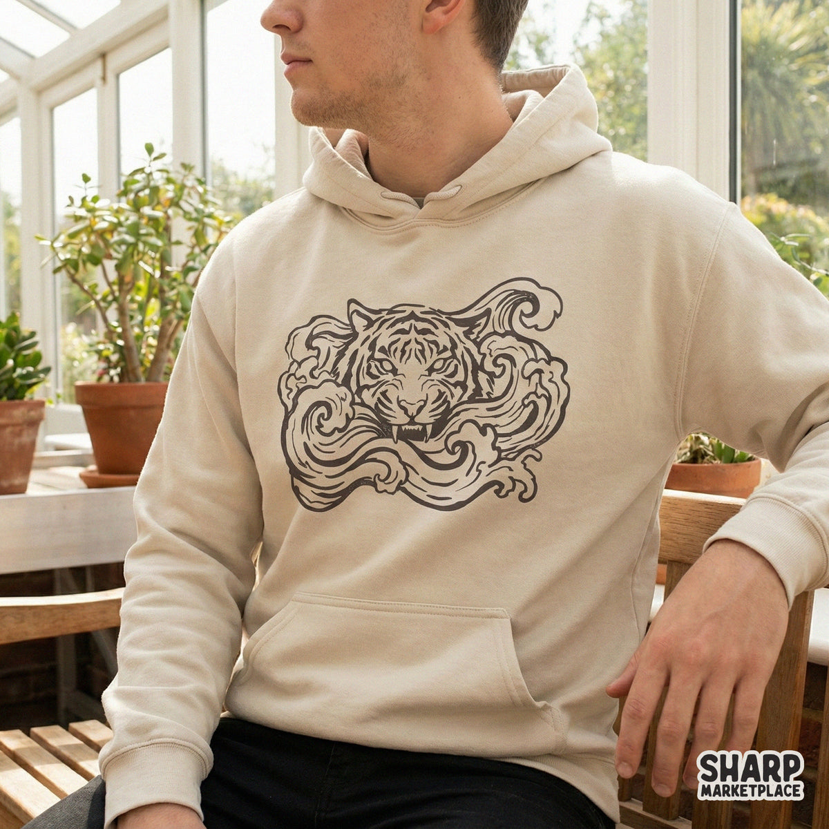 Intricate black and white illustration of a wild tiger with sharp fangs and intense eyes, designed for custom screen printing or sublimation.