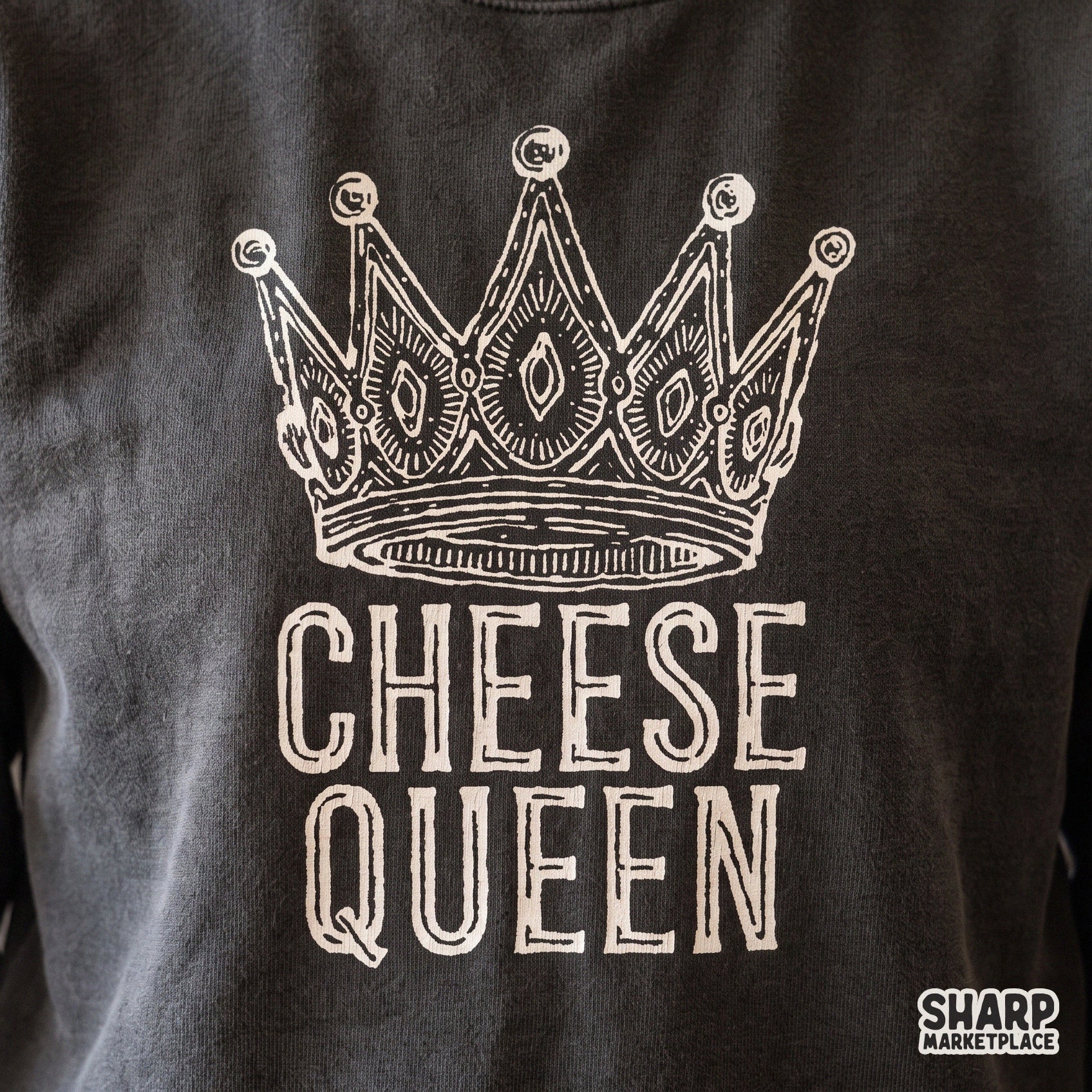 Funny Cheese Queen hand drawn crown design with sarcastic foodie theme for retro t-shirt sublimation and digital download