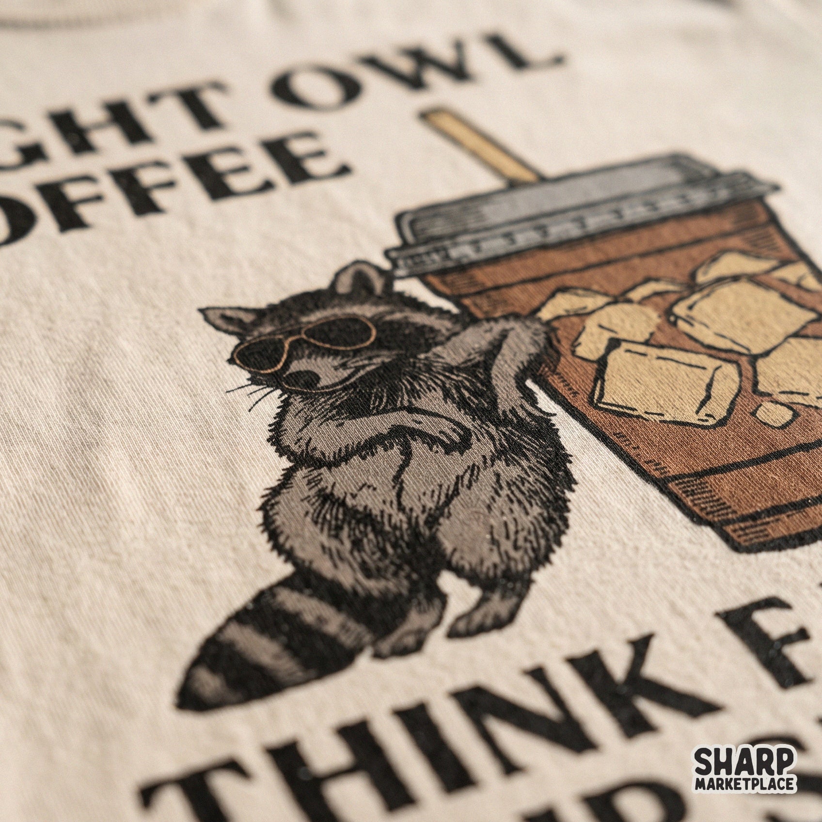 Funny retro raccoon drinking coffee graphic for a sarcastic night owl coffee lover shirt design