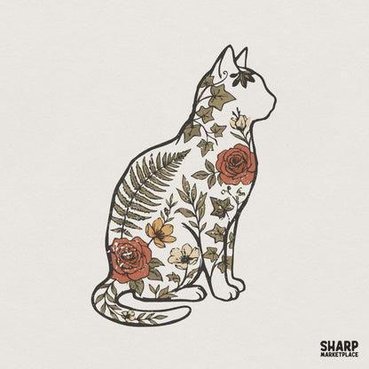Floral Cat Silhouette PNG Design, Vintage Botanical Cat Art - 300 DPI