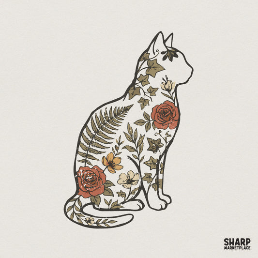 Floral Cat Silhouette PNG Design, Vintage Botanical Cat Art - 300 DPI