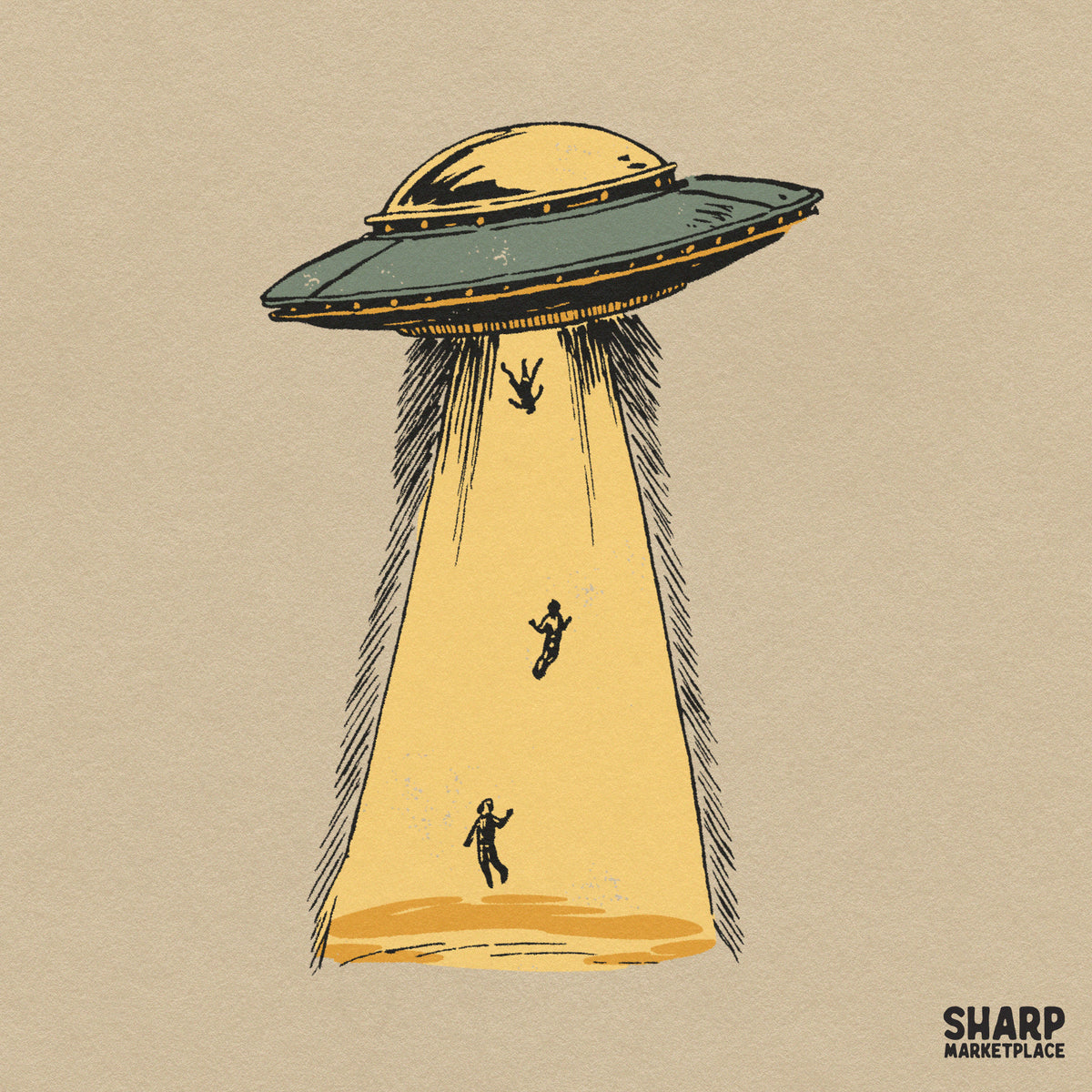 Retro flying saucer alien abduction dark aesthetic illustration for Halloween shirts and spooky season PNG downloads