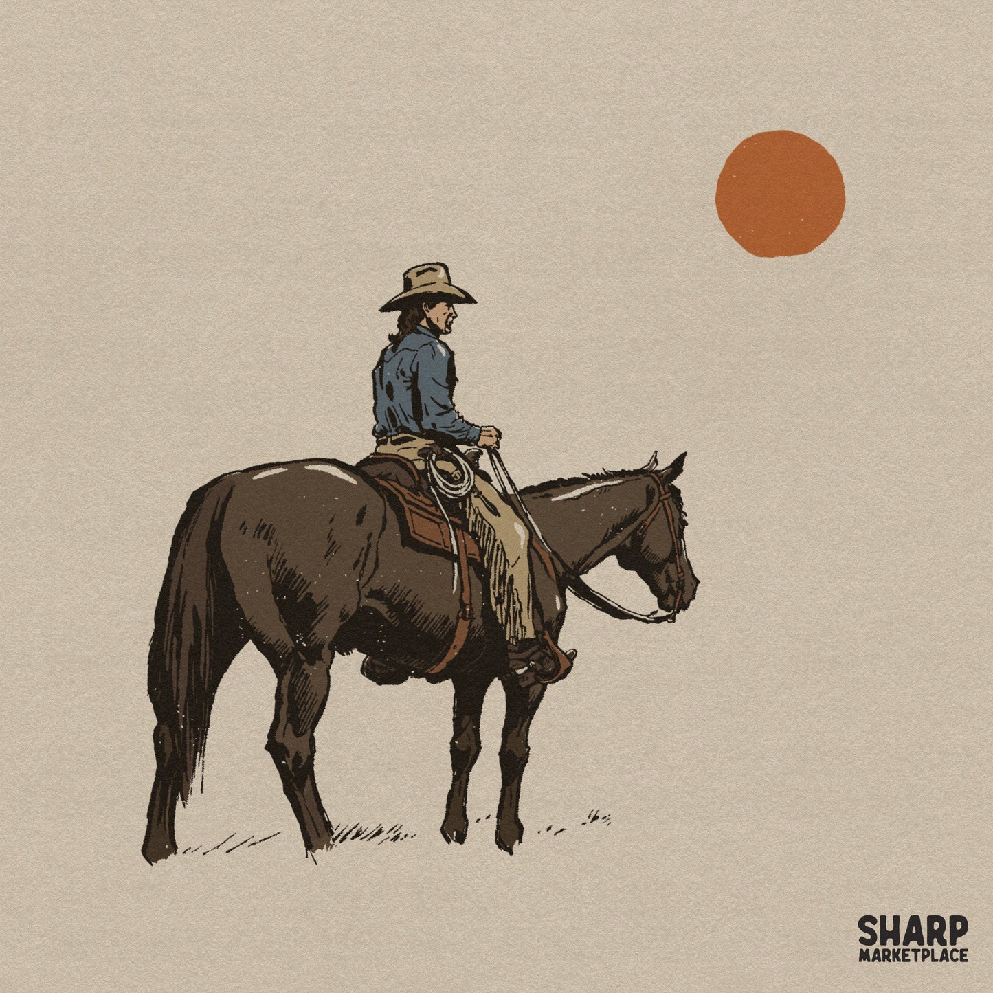 Retro vintage cowboy silhouette riding a horse in the desert for western t-shirt printing and sublimation
