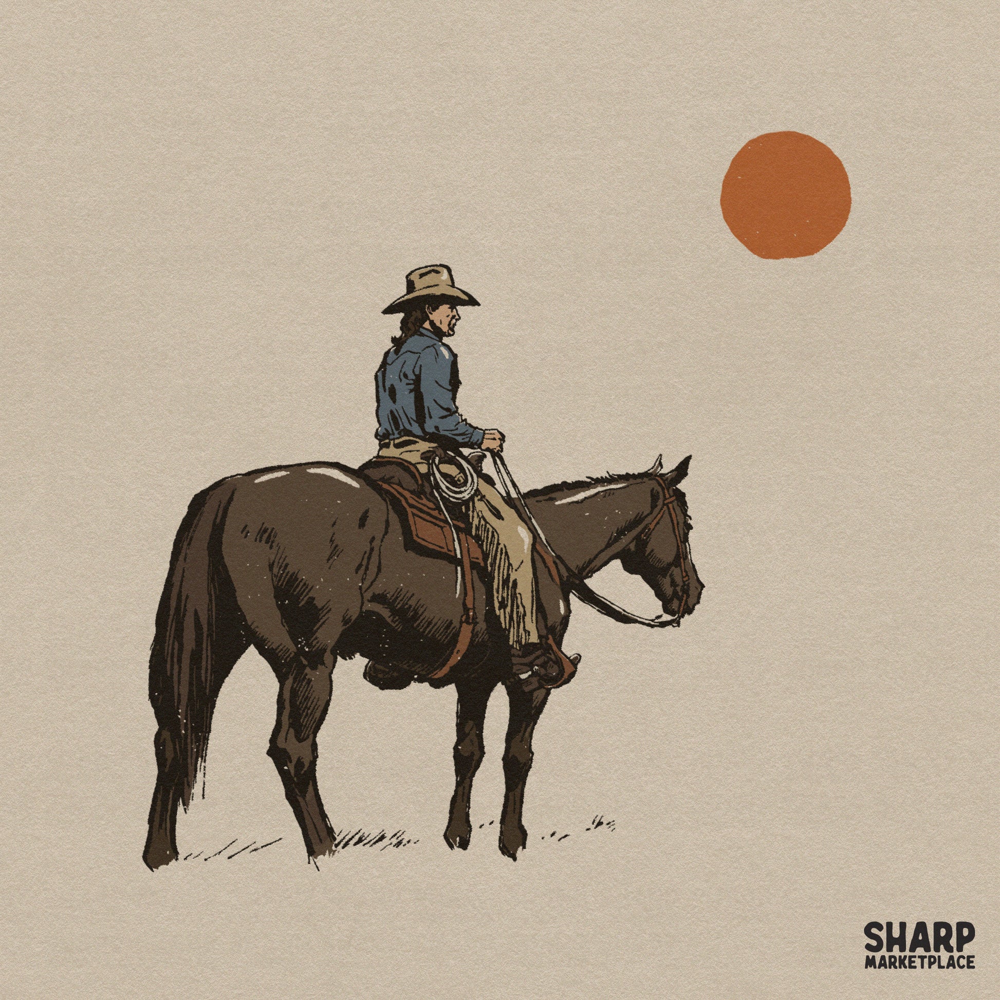 Retro vintage cowboy silhouette riding a horse in the desert for western t-shirt printing and sublimation