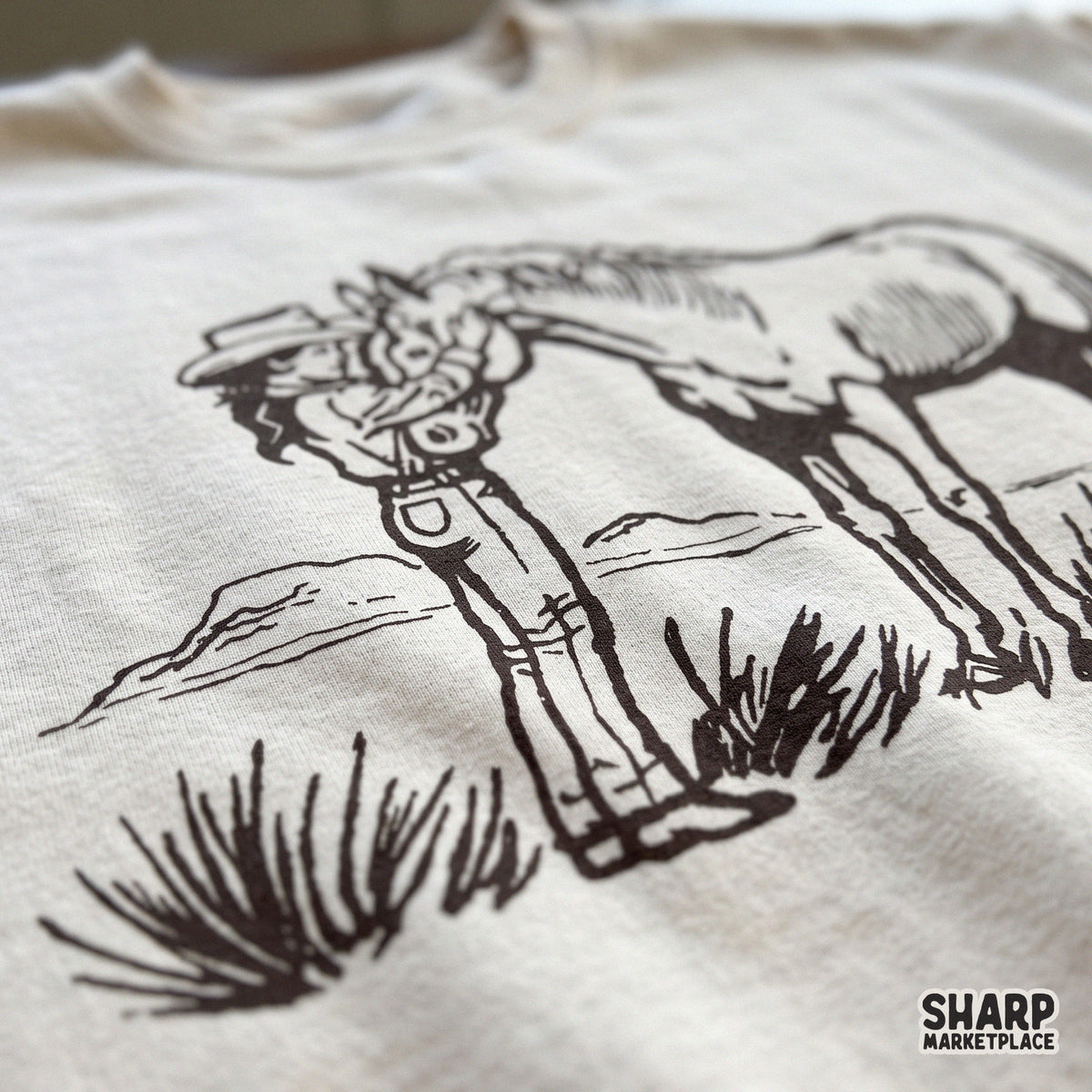 Vintage sketch cowgirl petting a horse in the desert western PNG sublimation design for trendy rodeo shirts