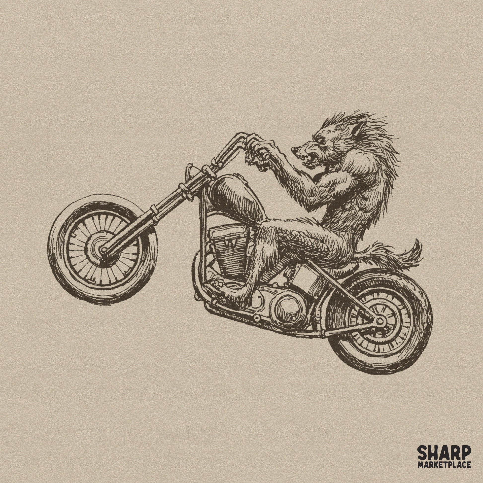 Hand drawn vintage werewolf riding a motorcycle retro horror graphic tee design for a spooky season sublimation shirt printable png