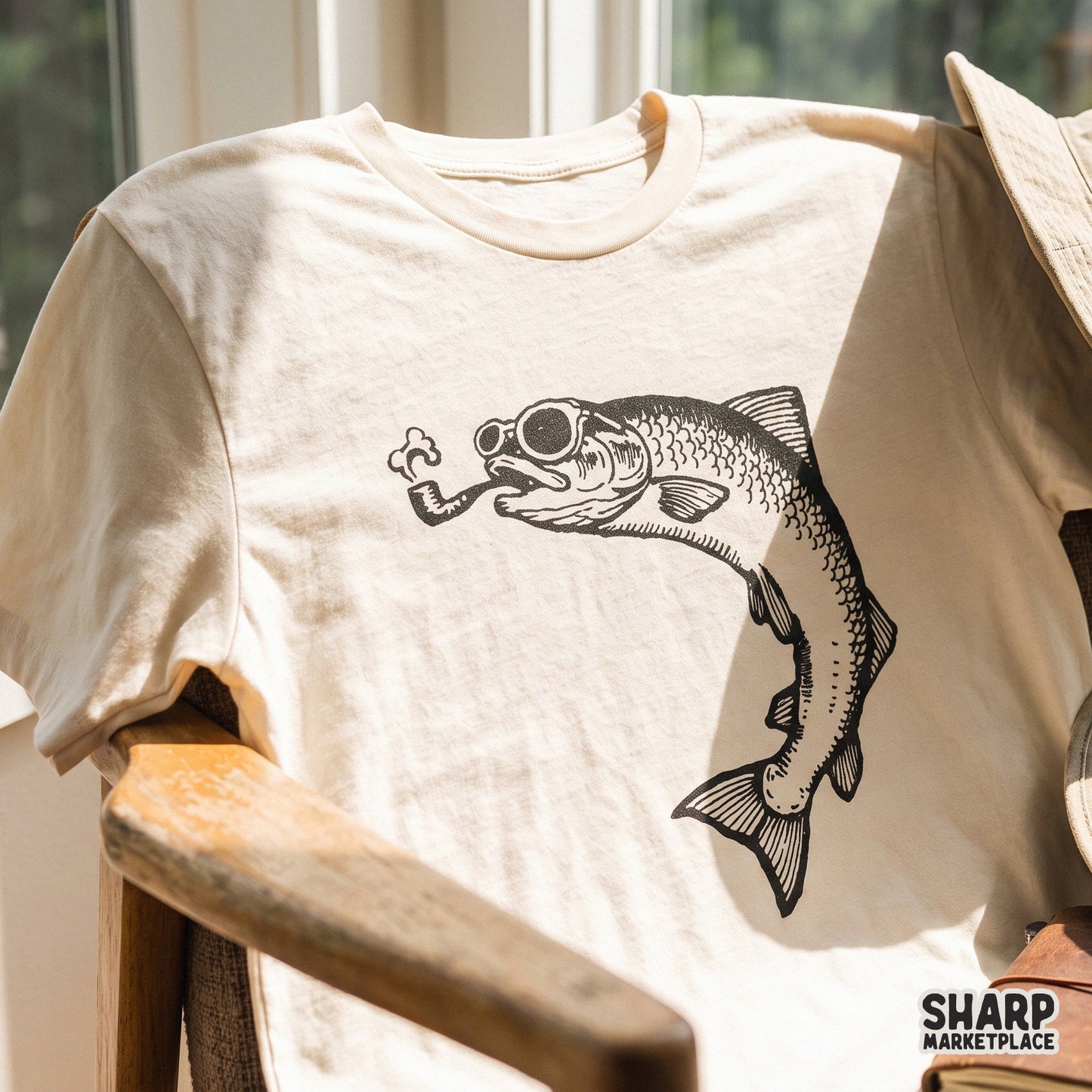 Vintage fish smoking a pipe with sunglasses in a retro funny design for fishing sublimation and sarcastic stickers