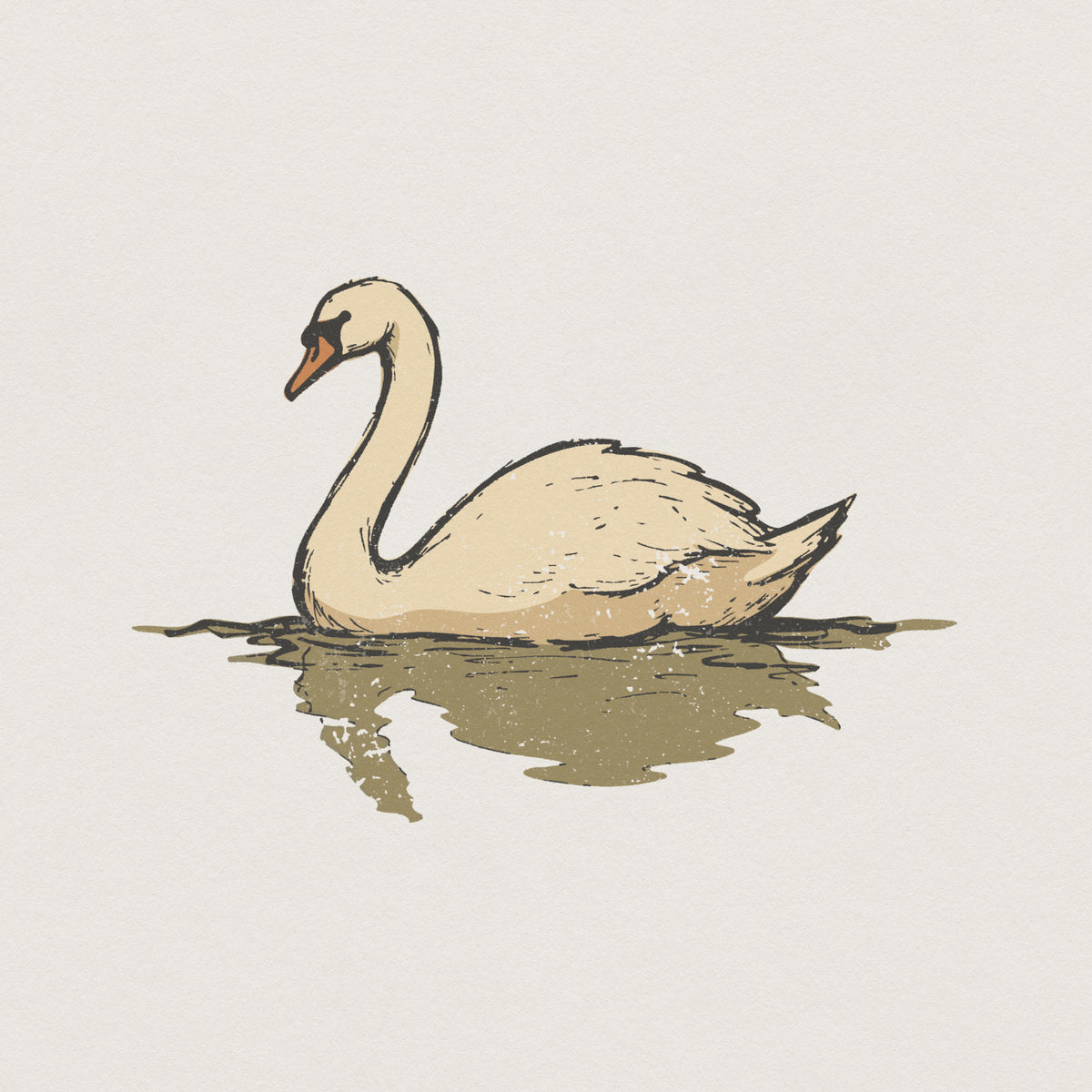 Hand-drawn elegant swan PNG with a tranquil water reflection in cream and tan tones, perfect for nature-themed shirts, stickers, and wall art.