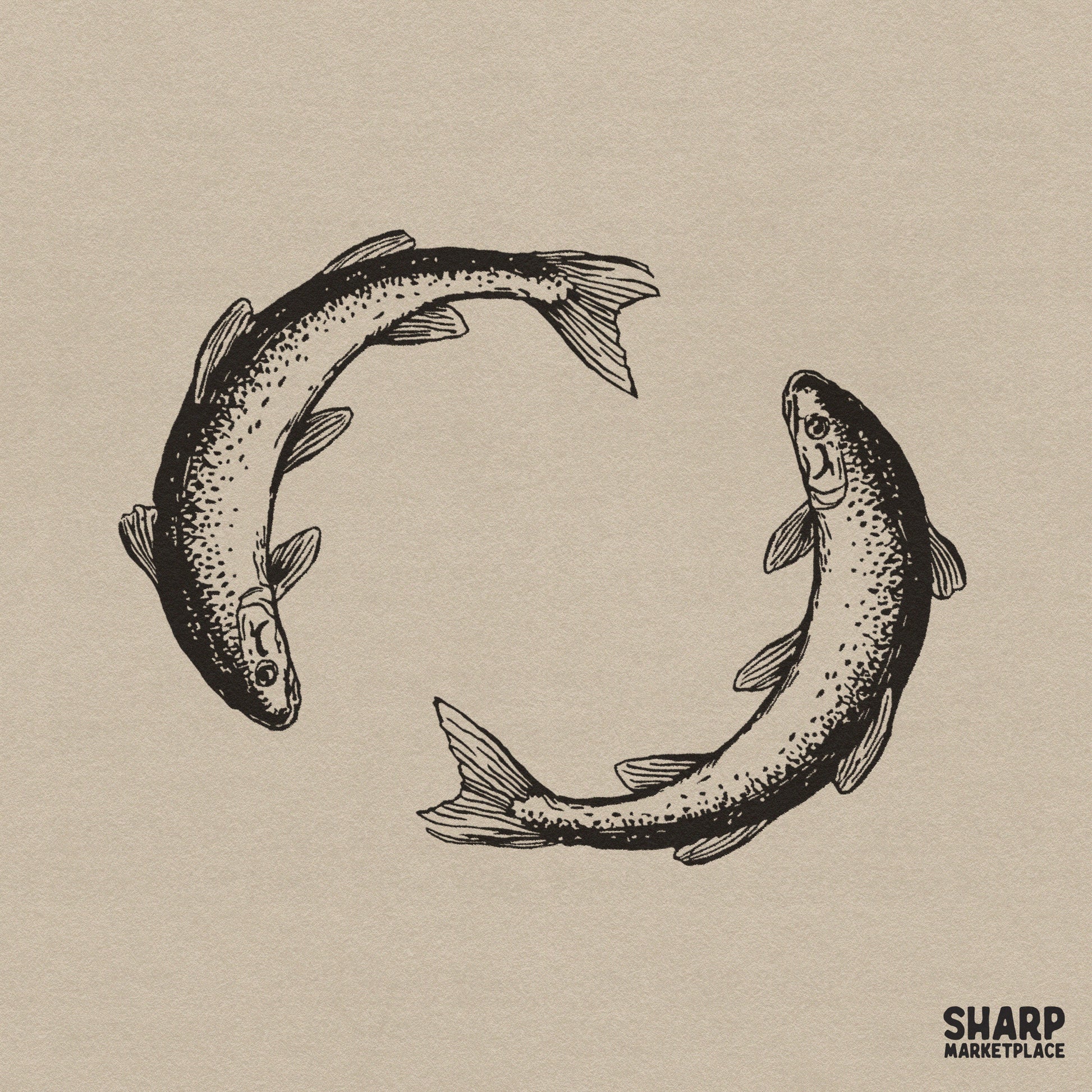 Vintage circular yin yang trout sketch for retro lake life fishing shirts and custom river salmon sublimation designs