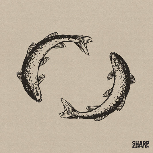 Vintage circular yin yang trout sketch for retro lake life fishing shirts and custom river salmon sublimation designs