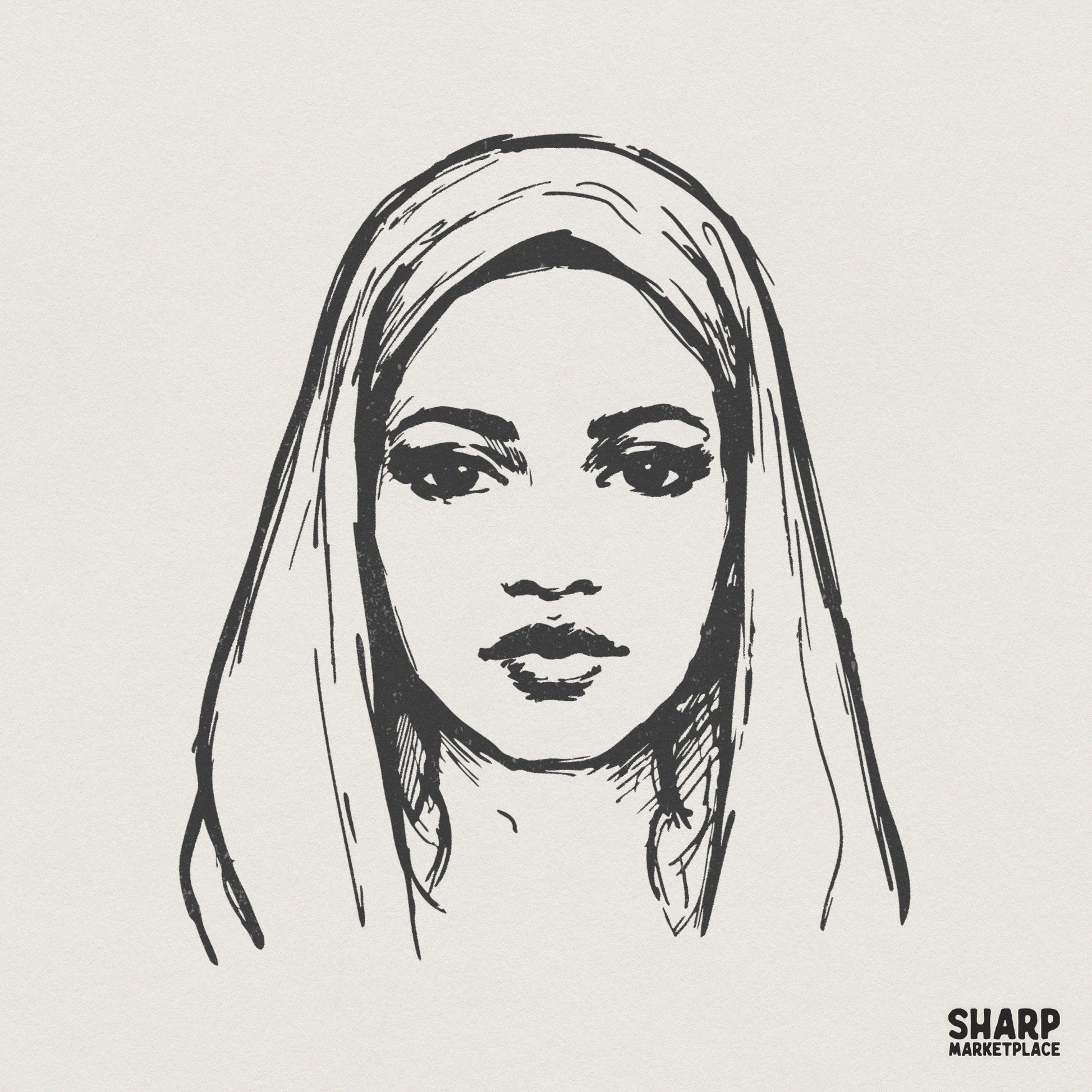 Woman Face PNG, Hand Drawn Digital Portrait - 300 DPI Design for T-Shirt