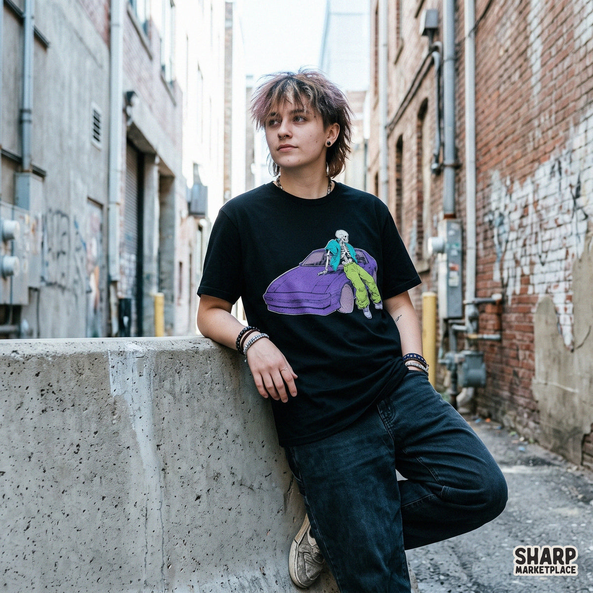 Cool Streetwear Skeleton Leaning On Purple Sports Car