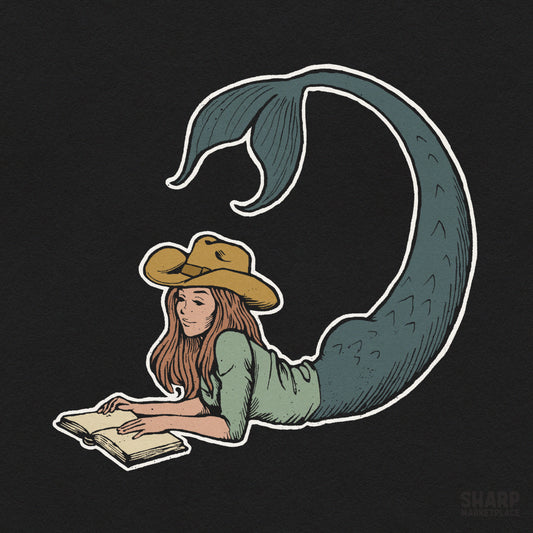 Vintage western mermaid reading a book PNG graphic for cowgirl t-shirts and sublimation prints