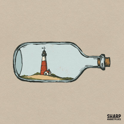 Vintage lighthouse in a glass bottle on a sandy dune, coastal summer beach PNG sublimation design for tumblers and shirts