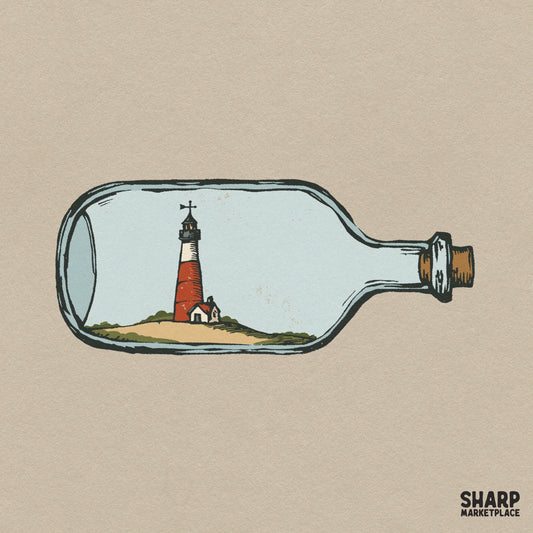 Vintage lighthouse in a glass bottle on a sandy dune, coastal summer beach PNG sublimation design for tumblers and shirts