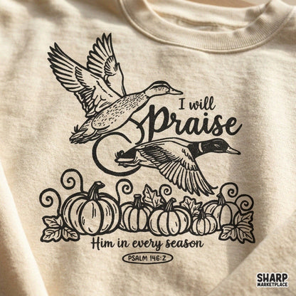 Fall harvest pumpkin and ducks Christian PNG design for Thanksgiving sublimation t-shirts with Psalm scripture