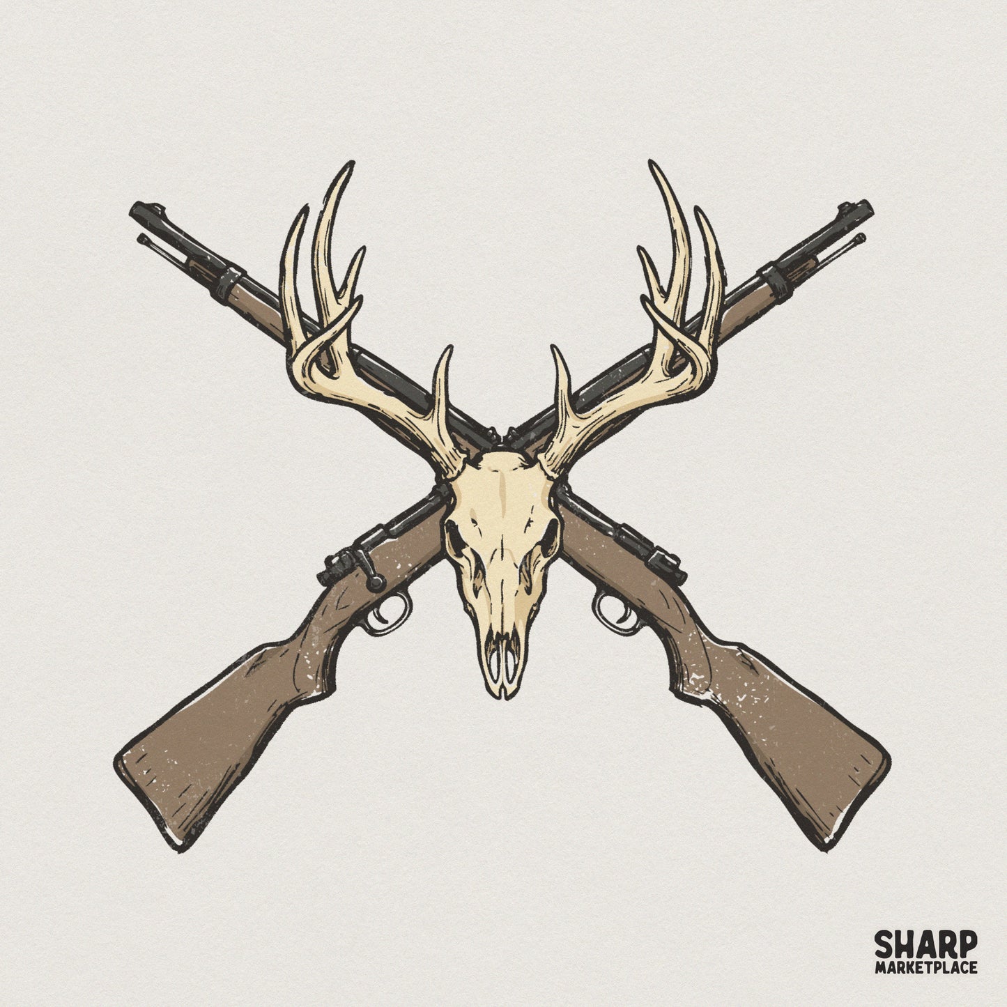Deer Skull Antlers PNG, Crossed Rifle Hunting Design - 300 DPI Design for