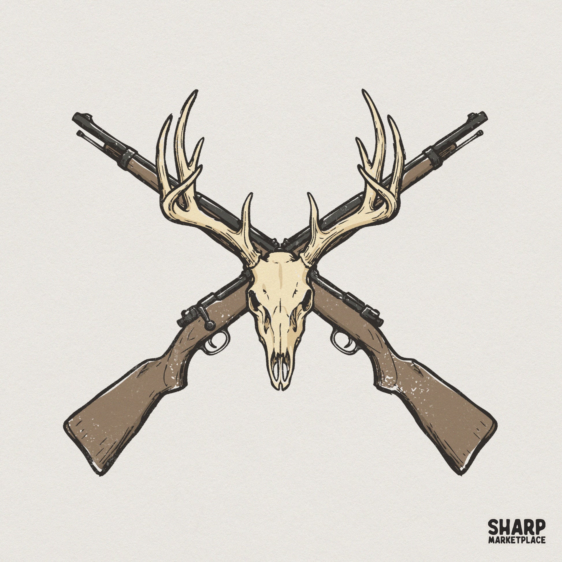 Deer Skull Antlers PNG, Crossed Rifle Hunting Design - 300 DPI Design for